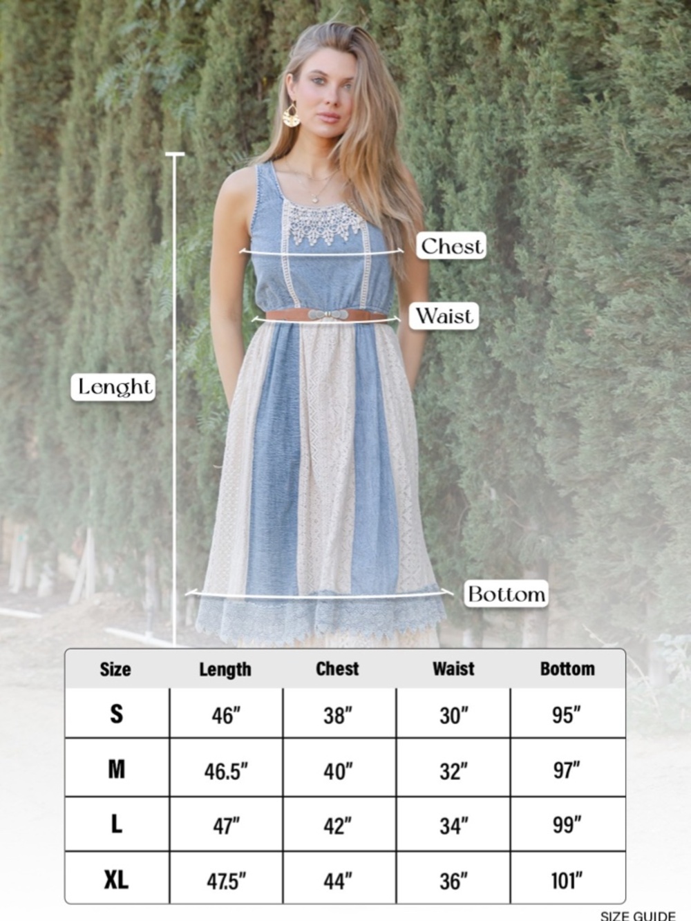 "The Rosina" Vintage-Inspired Denim and Cream Lace Maxi Dress - Picture 6 of 7
